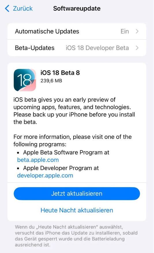 沾化苹果手机维修分享苹果 iOS / iPadOS 18 开发者预览版 Beta 8 发布 